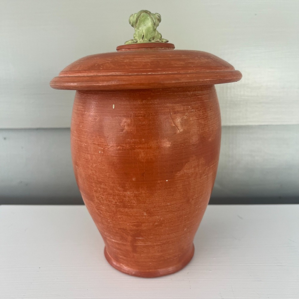 Terracotta Colored Urn Green Frog Lid Signed Vase Pottery Garden Cottagecore